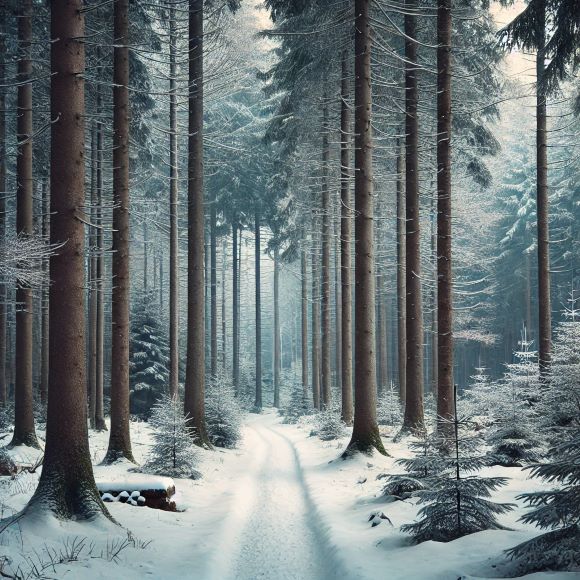 En vinterklädd skog sedd från en snötäckt stig. Höga, nakna träd sträcker sig mot himlen, medan marken är täckt av ett tjockt lager mjuk snö. Stigen slingrar sig framåt och försvinner in bland träden, omgiven av en lugn och tyst atmosfär. Ljuset är dämpat och filtrerar genom grenarna, vilket skapar en känsla av frid och eftertanke.