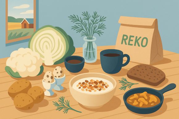 Illustrerad lantlig frukostscen med vitkål, blomkål, potatis, vaktelägg, yoghurt med müsli, kaffe, kantareller, bröd och en papperspåse märkt ‘REKO’, med utsikt över gröna fält och en lada genom fönstret.