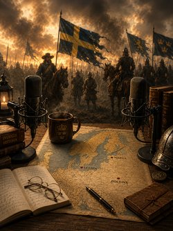 Illustration av två poddmikrofoner på ett träbord med en gammal karta över Sverige, böcker, anteckningar och historiska föremål. I bakgrunden syns soldater, hästar och svenska fanor i en dramatisk stormaktstidsscen.
