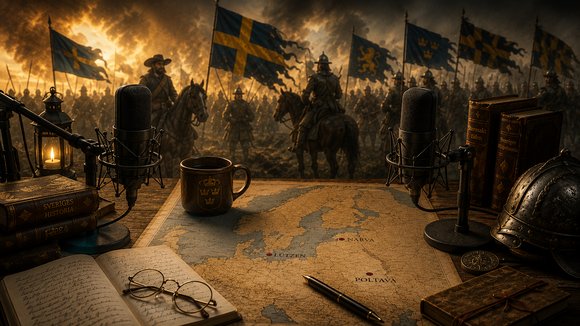 Illustration av två poddmikrofoner på ett träbord med en gammal karta över Sverige, böcker, anteckningar och historiska föremål. I bakgrunden syns soldater, hästar och svenska fanor i en dramatisk stormaktstidsscen.